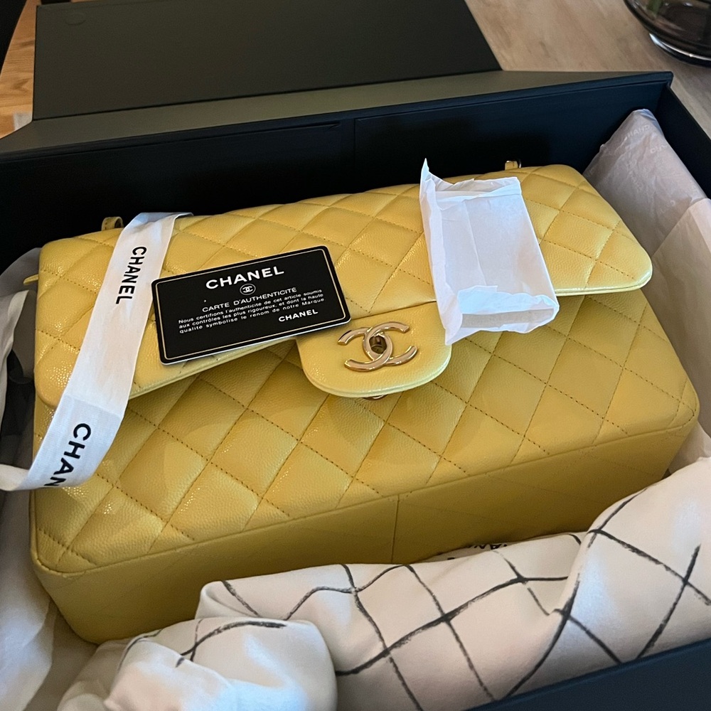 $12,200 CHANEL Classic Yellow Caviar Jumbo Double Flap Bag